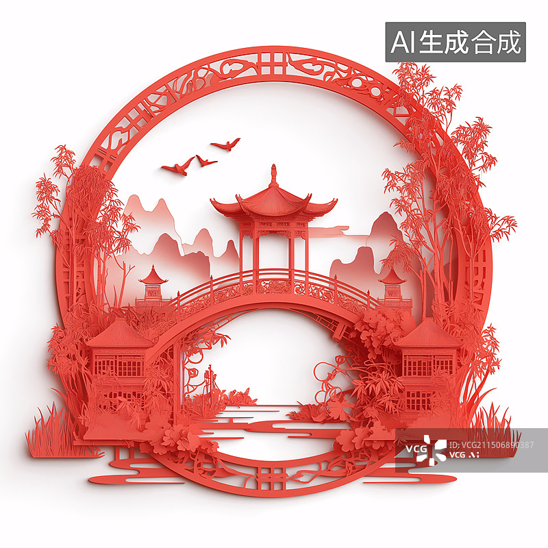 【AI数字艺术】中式剪纸建筑图片素材