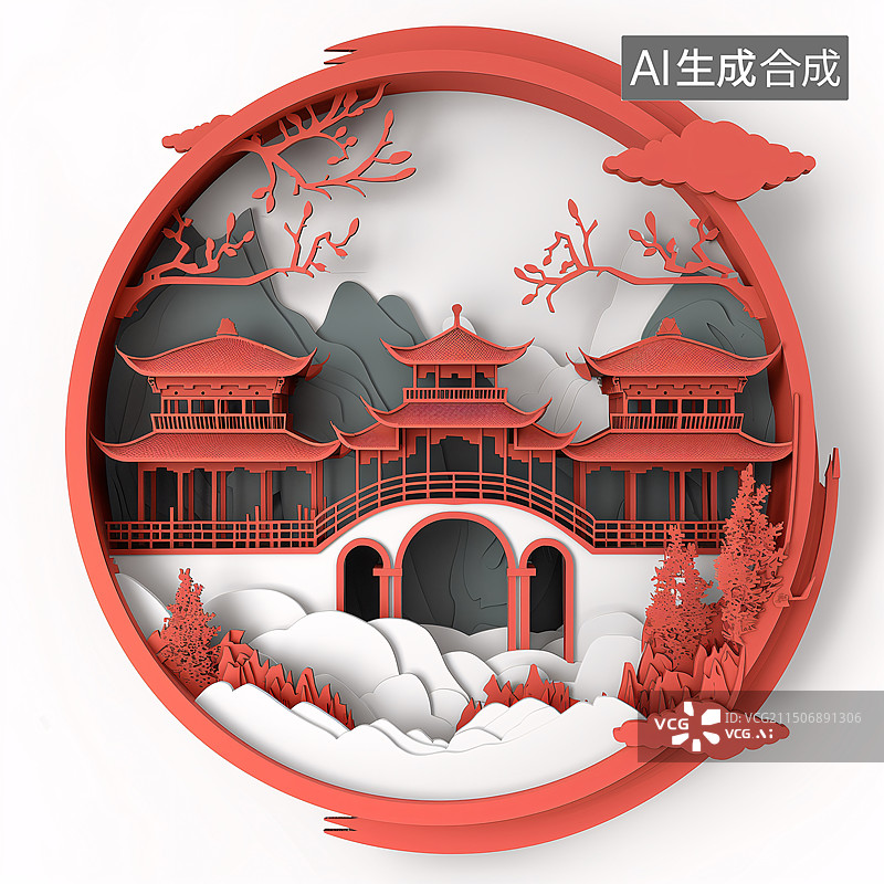 【AI数字艺术】中式剪纸建筑图片素材