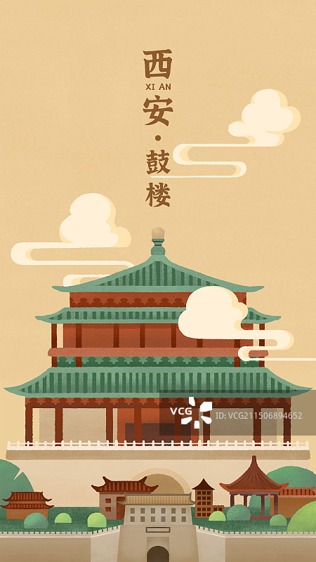 西安古城墙与地标建筑鼓楼图片素材