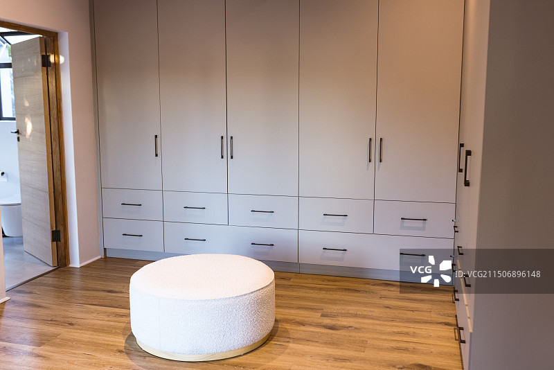 带嵌入式橱柜和圆形脚凳的现代步入式衣帽间图片素材