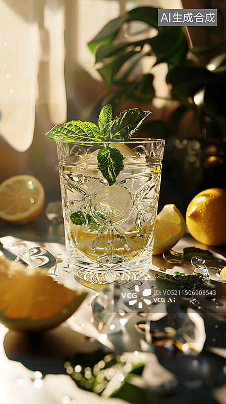 【AI数字艺术】鲜青柠薄荷鸡尾酒加冰块图片素材
