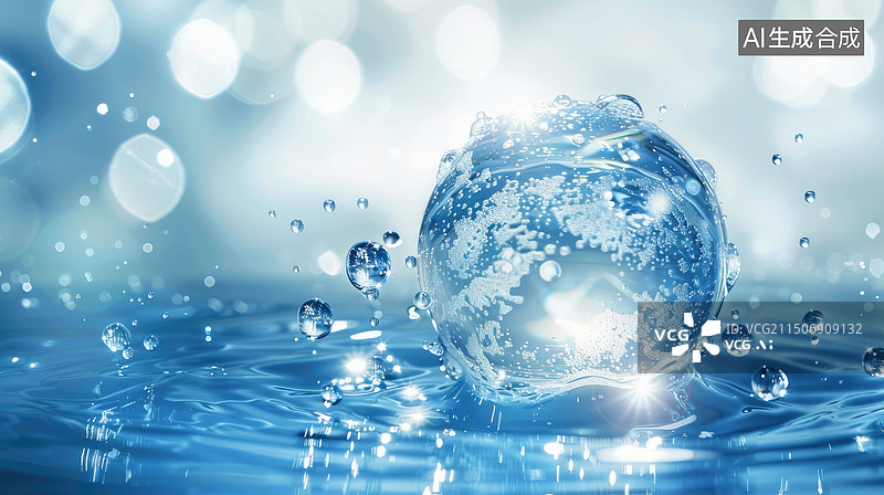 【AI数字艺术】蓝色科技水珠水球美妆化妆品成分背景壁纸素材图片素材