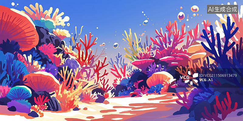 【AI数字艺术】印刷复古清新明亮海底的彩色珊瑚插画绘画图片素材