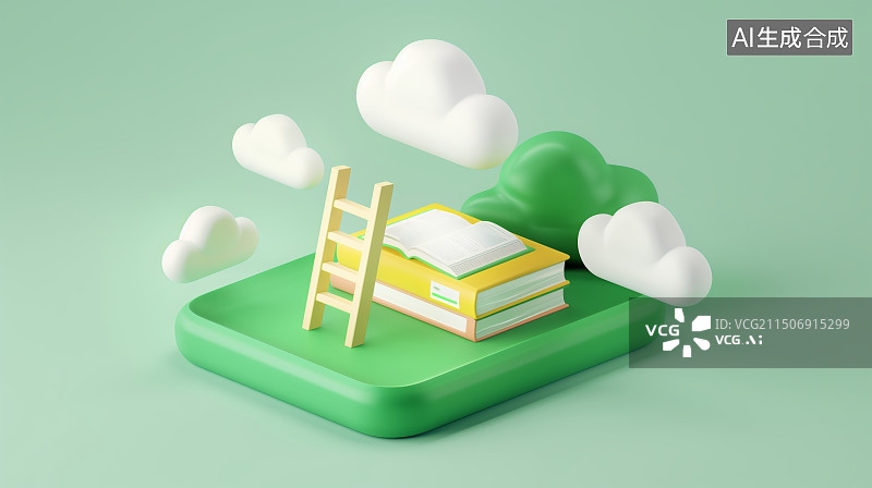【AI数字艺术】3D书本和梯子绿色卡通元素图片素材