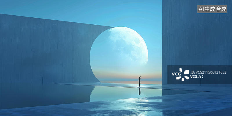 【AI数字艺术】一个人站在超现实的城市中，凝视着地平线上升起的巨大月亮图片素材