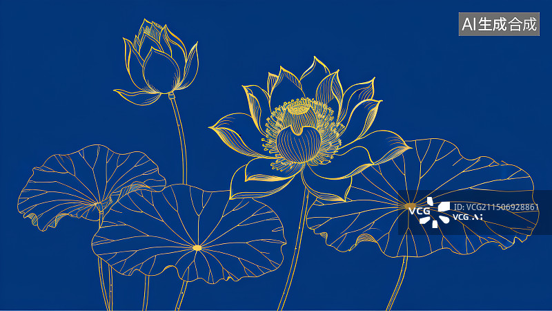 【AI数字艺术】蓝色背景上的金色荷花线稿，中国画，烫金莲花图案，夏天，立夏，大暑，小暑，二十四节气鎏金背景图图片素材