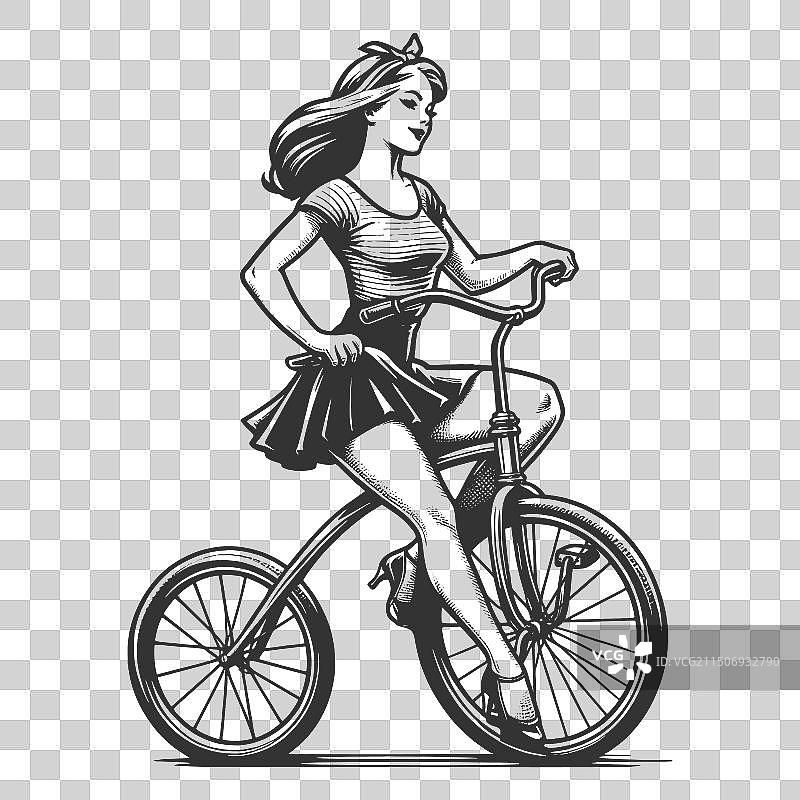 骑自行车的海报女郎雕刻素描图片素材