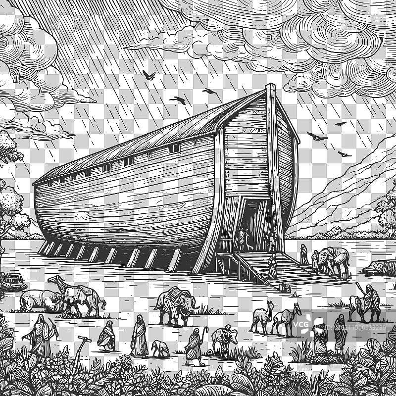 诺亚方舟雕刻素描图片素材