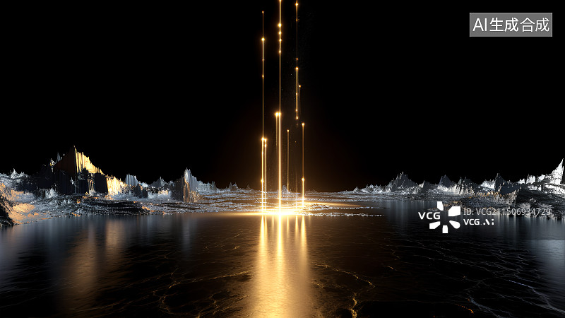 【AI数字艺术】科技感艺术感黑色背景上的电子商务产品场景图，汽车广告背景图，水面上的银色山脉，金色线条展示空间，展台图片素材