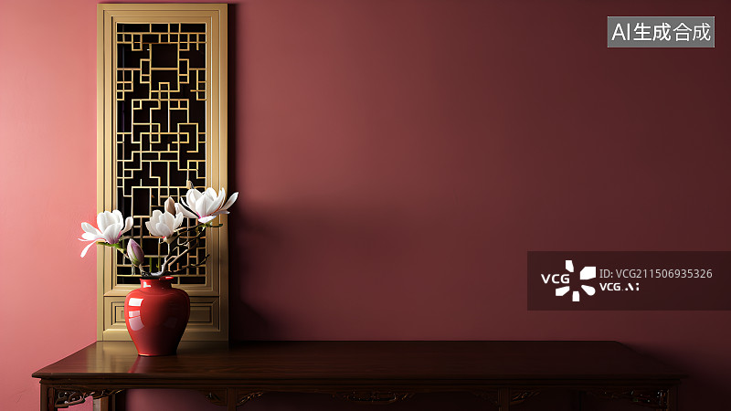 【AI数字艺术】中式审美，喜庆红色背景，红墙，瓷器，花瓶插花，白玉兰，古典窗框装饰，背景图图片素材