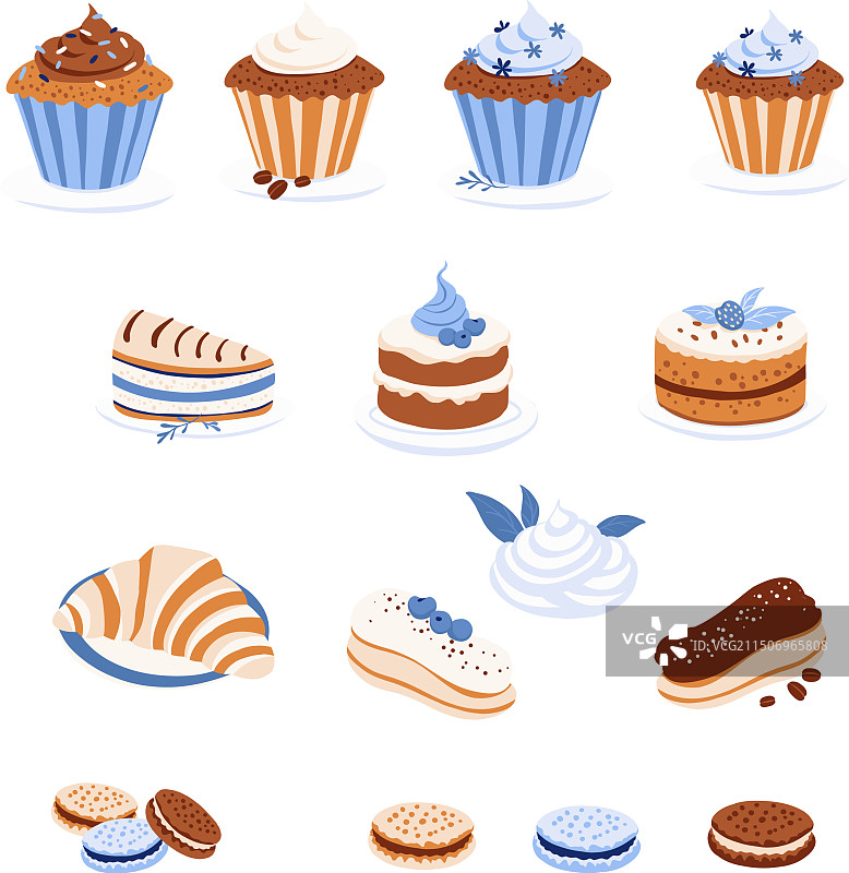 淡蓝色和米色甜点与羊角面包图片素材