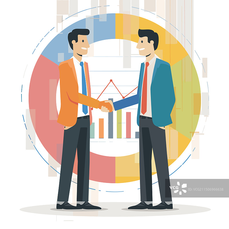 两位男商人握手，前方是彩色饼图图片素材