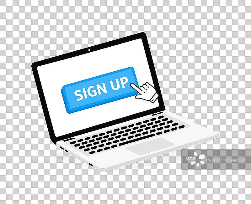 笔记本电脑屏幕上的注册文本与红色按钮图片素材