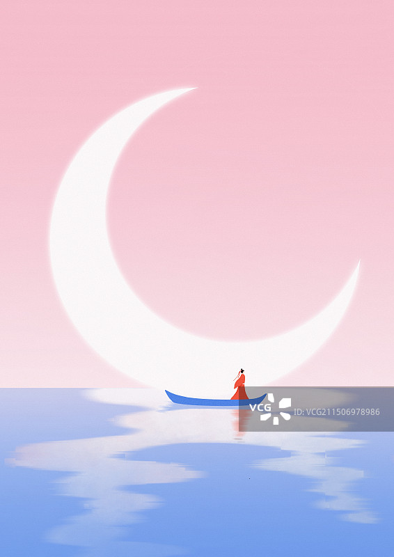 水上月亮划船手绘插画图片素材