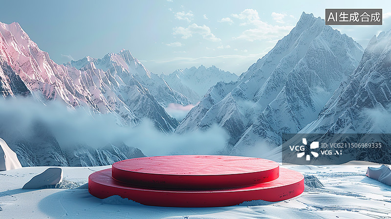 【AI数字艺术】雪地上一个圆形红色展台，背景是高原雪山图片素材