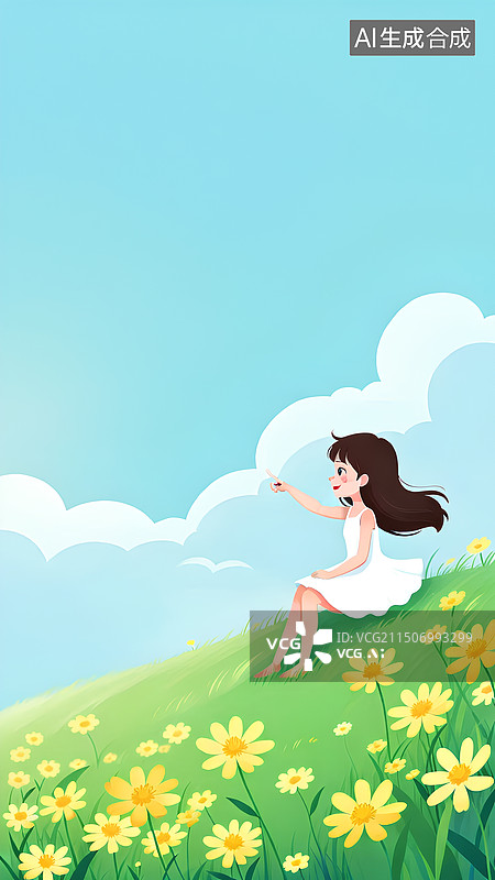 【AI数字艺术】淡蓝色背景。晴空，小女孩坐在草地上手指向天空，平面插画风格图片素材
