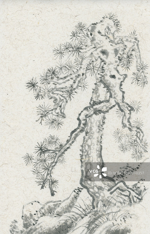 山坡上的松树水墨山水风景插画图片素材