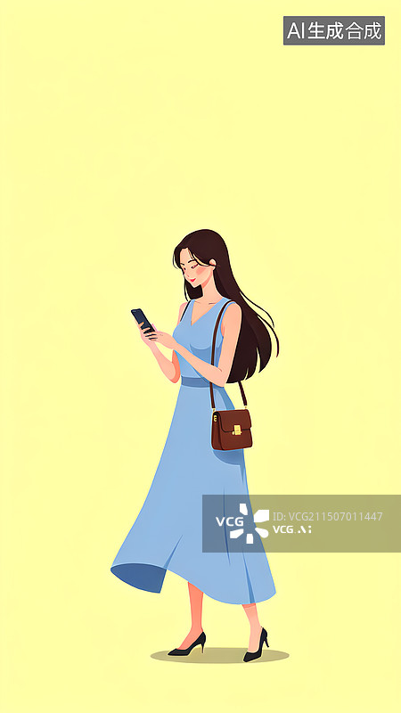 【AI数字艺术】淡雅黄色背景。淡蓝色长裙，长发女子，斜挎包，看手机，平面插画风格图片素材
