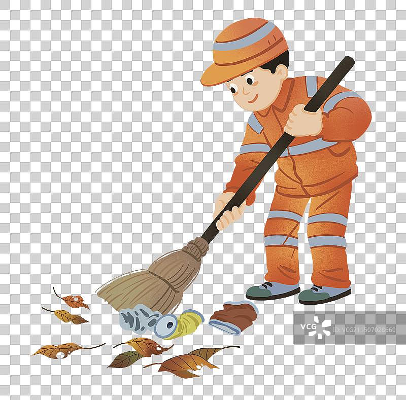 彩色卡通画 插画插图 男人 清洁工 扫地 垃圾  树叶 城市卫生  免扣元素图片素材