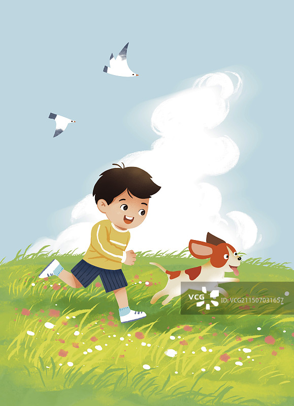 彩色卡通画 插画插图 户外远眺 看远处 男孩背影 草地奔跑 小狗 乡村 生活 图像 绿色 蓝色天空图片素材
