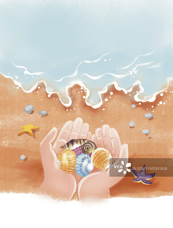 彩色卡通画 插画插图 户外海边 玩耍 捡贝壳 夏季 旅行 游玩 海洋 沙滩 童年 图像图片素材