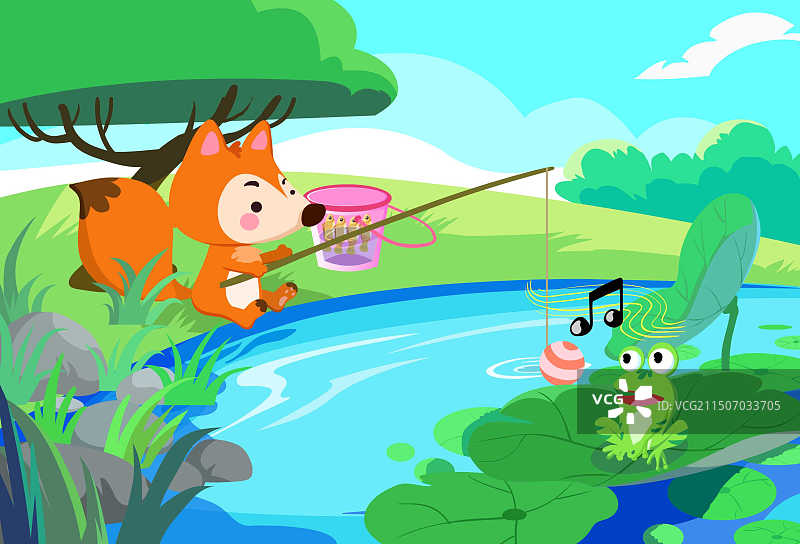小狐狸钓鱼图片素材