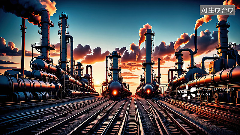 【AI数字艺术】工业区日落双火车图片素材