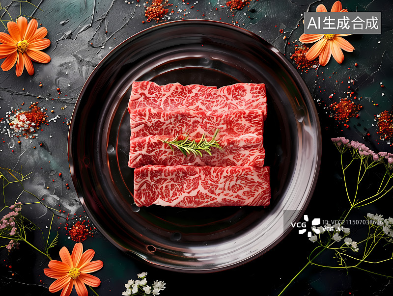 【AI数字艺术】雪花牛肉摆盘俯拍图片素材