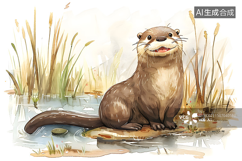 【AI数字艺术】池塘边一只可爱的卡通水獭图片素材