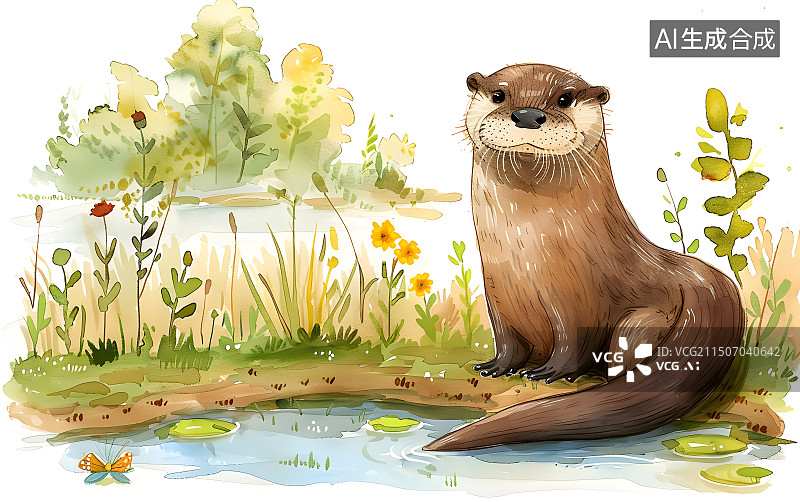【AI数字艺术】池塘边一只可爱的卡通水獭图片素材