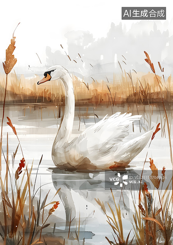【AI数字艺术】池塘边一只白色天鹅图片素材