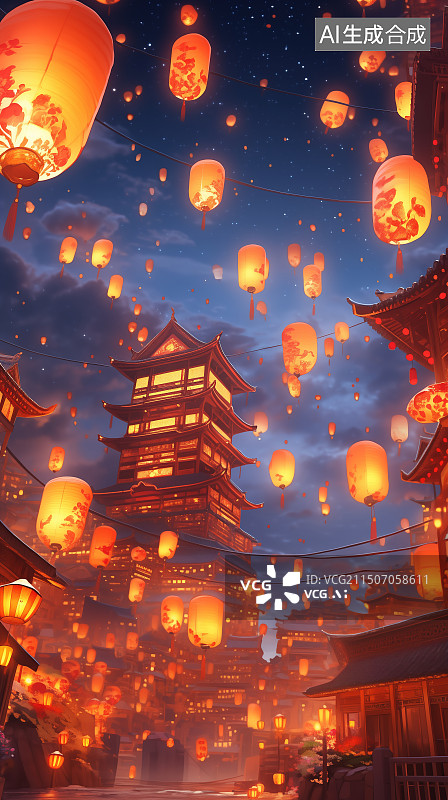 【AI数字艺术】大唐盛世放飞的孔明灯图片素材