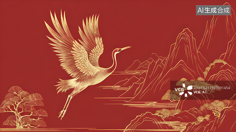 【AI数字艺术】喜庆大红色背景上的金色仙鹤山水中国画线稿，山水风景烫金图案，鎏金山水画，背景图图片素材
