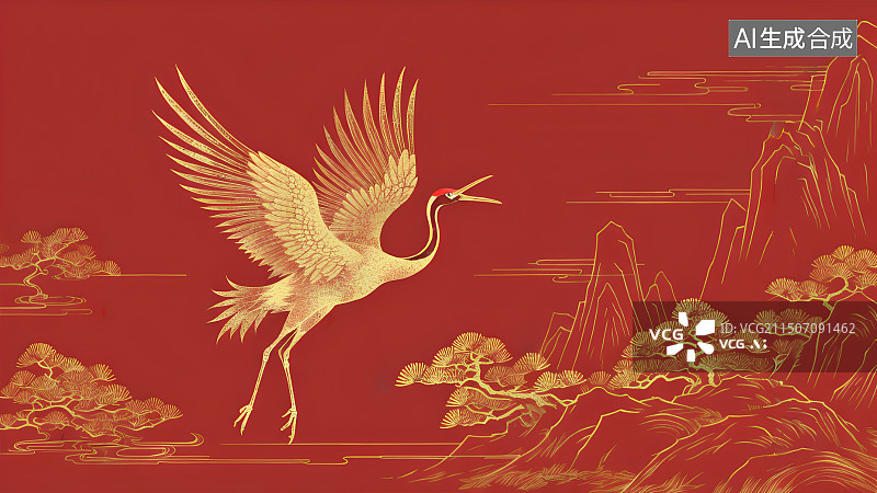 【AI数字艺术】喜庆大红色背景上的金色仙鹤山水中国画线稿，山水风景烫金图案，鎏金山水画，背景图图片素材