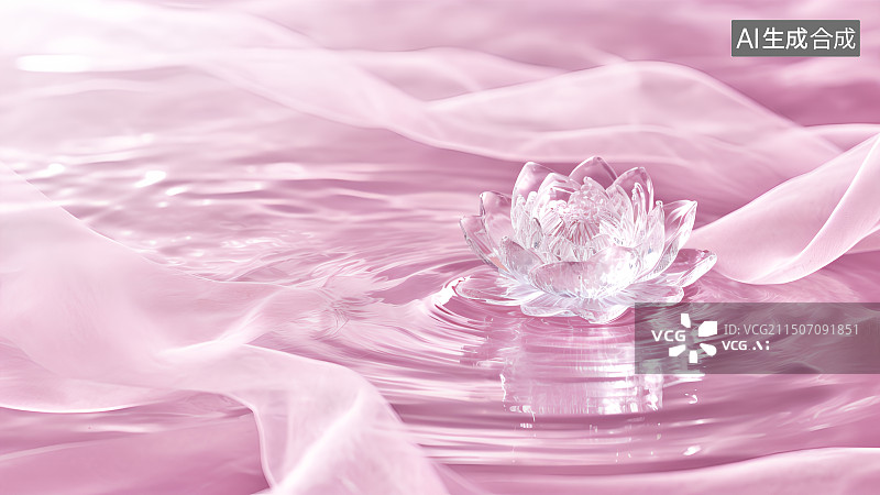 【AI数字艺术】水面上的粉色水晶透明荷花和轻纱丝绸，丝带，水波纹，莲花背景图图片素材