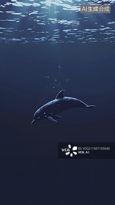 【AI数字艺术】蓝色背景大海里游泳的小海豚插画图片素材