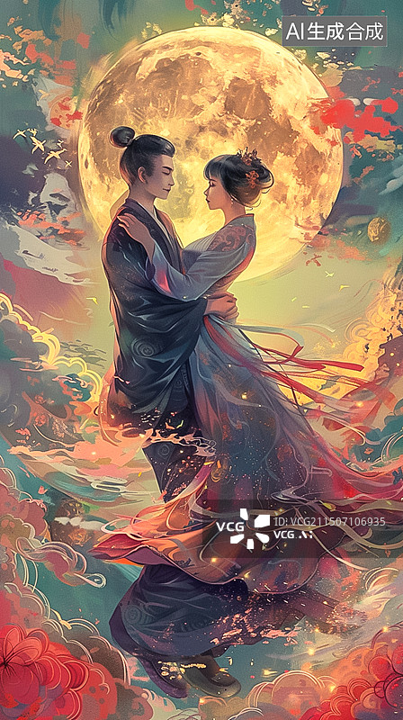 【AI数字艺术】中国传统七夕情人节情人相会图片素材