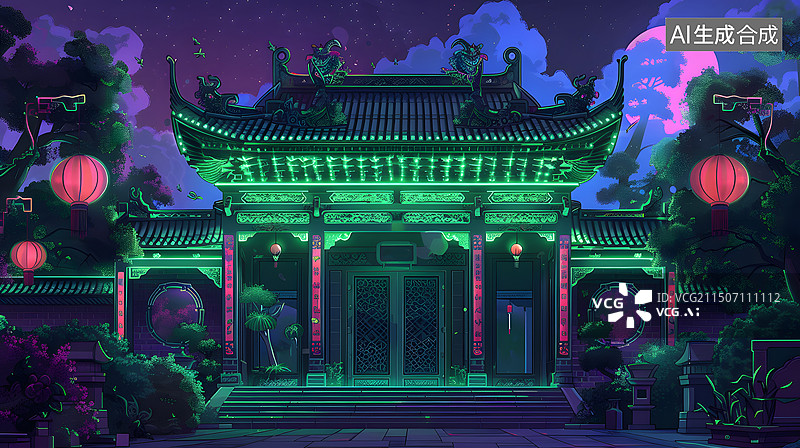 【AI数字艺术】中国风夜晚建筑图片素材