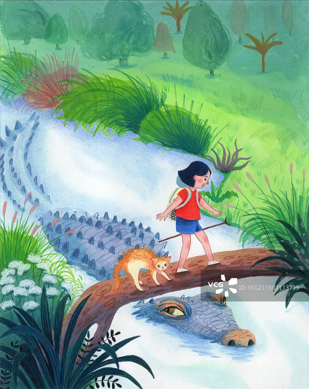 女孩和猫过河手绘插画图片素材