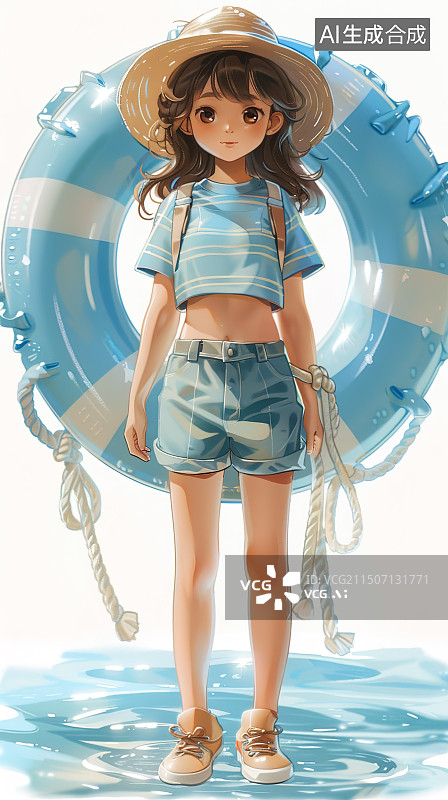 【AI数字艺术】在海边的小女孩 卡通图片素材