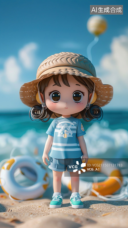 【AI数字艺术】在海边的小女孩 卡通图片素材