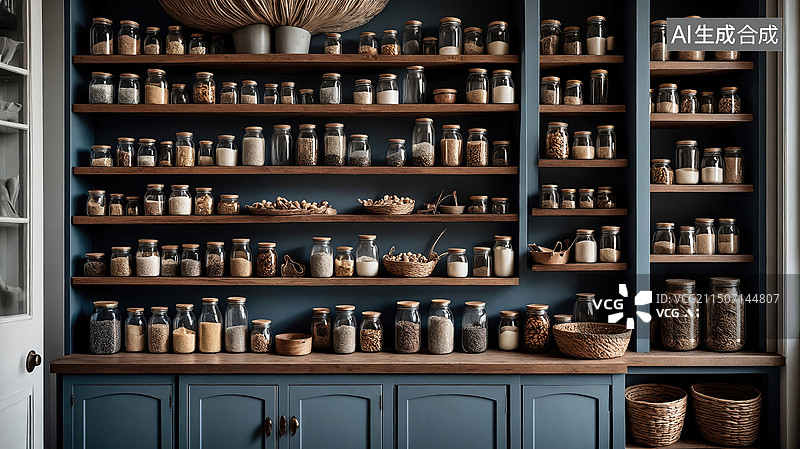 【AI数字艺术】深蓝储物间-瓶瓶罐罐的有序储藏图片素材