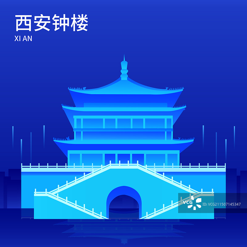 西安钟楼矢量插画海报展板，科技经济宣传广告推广图片素材