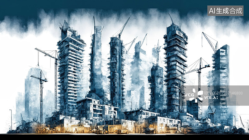 【AI数字艺术】城市天际线：在建高楼与机械繁忙图片素材