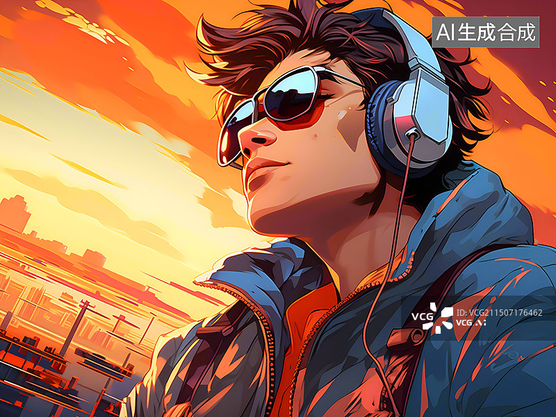 【AI数字艺术】赛博朋克风格戴耳机听音乐的青年图片素材