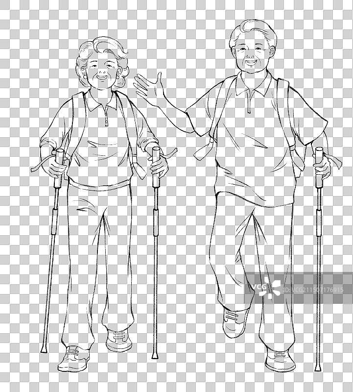 快乐银发老年人夕阳红旅行幸福退休生活徒步登山旅游拍照老年伴侣与子女人物线稿元素图片素材