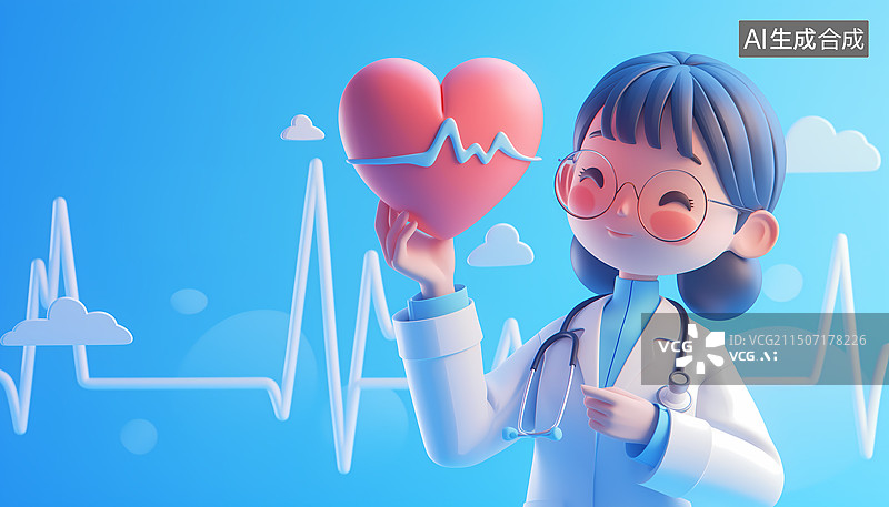 【AI数字艺术】心内科女医生拿着心脏心电图医疗健康科普3D插画图片素材
