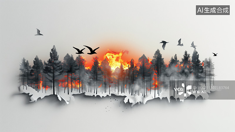 【AI数字艺术】剪纸风大火燃烧的森林创意公益海报设计图片素材
