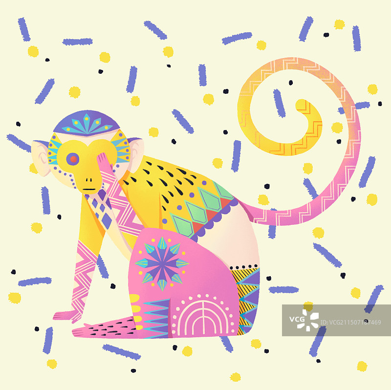 装饰插画动物三不猴设计感配色几何风图片素材