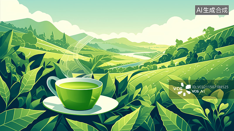 【AI数字艺术】绿色茶园和茶杯插画背景图片素材
